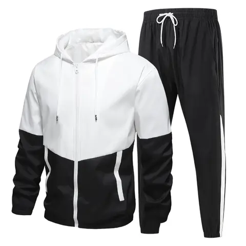 Men's 2-Piece Long Sleeve Athleisure Tracksuit Set - Asymmetric Color-Blocked Hoodie Jacket, Side White Stripe Slimming Pants, Breathable Athletic Sports Clothing for All Seasons Sporty Style