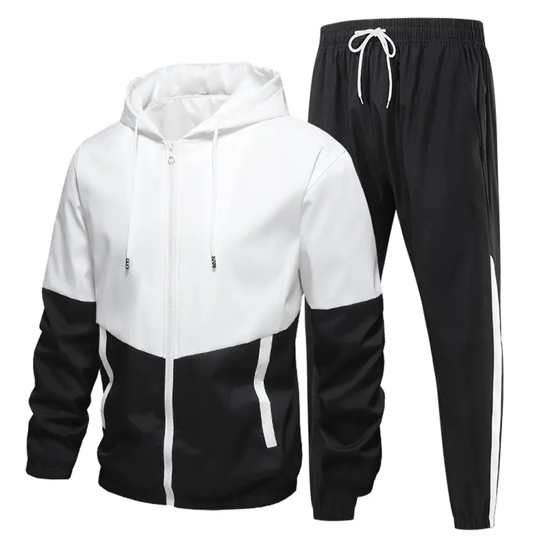 Men's 2-Piece Long Sleeve Athleisure Tracksuit Set - Asymmetric Color-Blocked Hoodie Jacket, Side White Stripe Slimming Pants, Breathable Athletic Sports Clothing for All Seasons Sporty Style