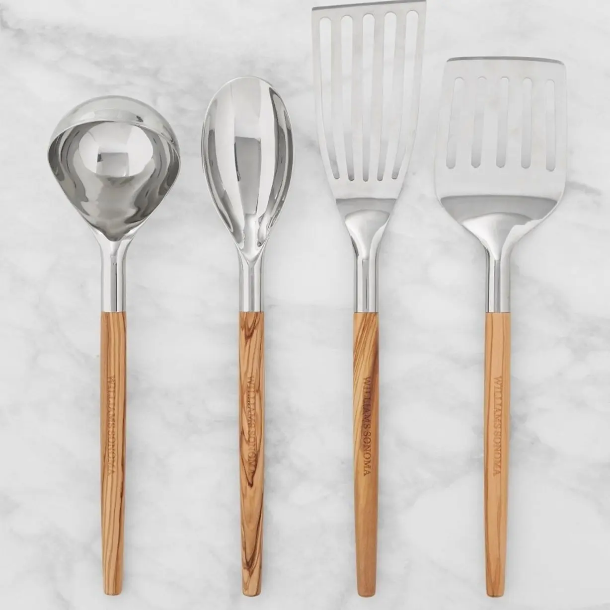 Williams Sonoma Stainless-Steel Kitchen Utensils with Olivewood Handles - 4-Piece Set, Kitchen Accessories for Everyday Cooking, Various Shapes