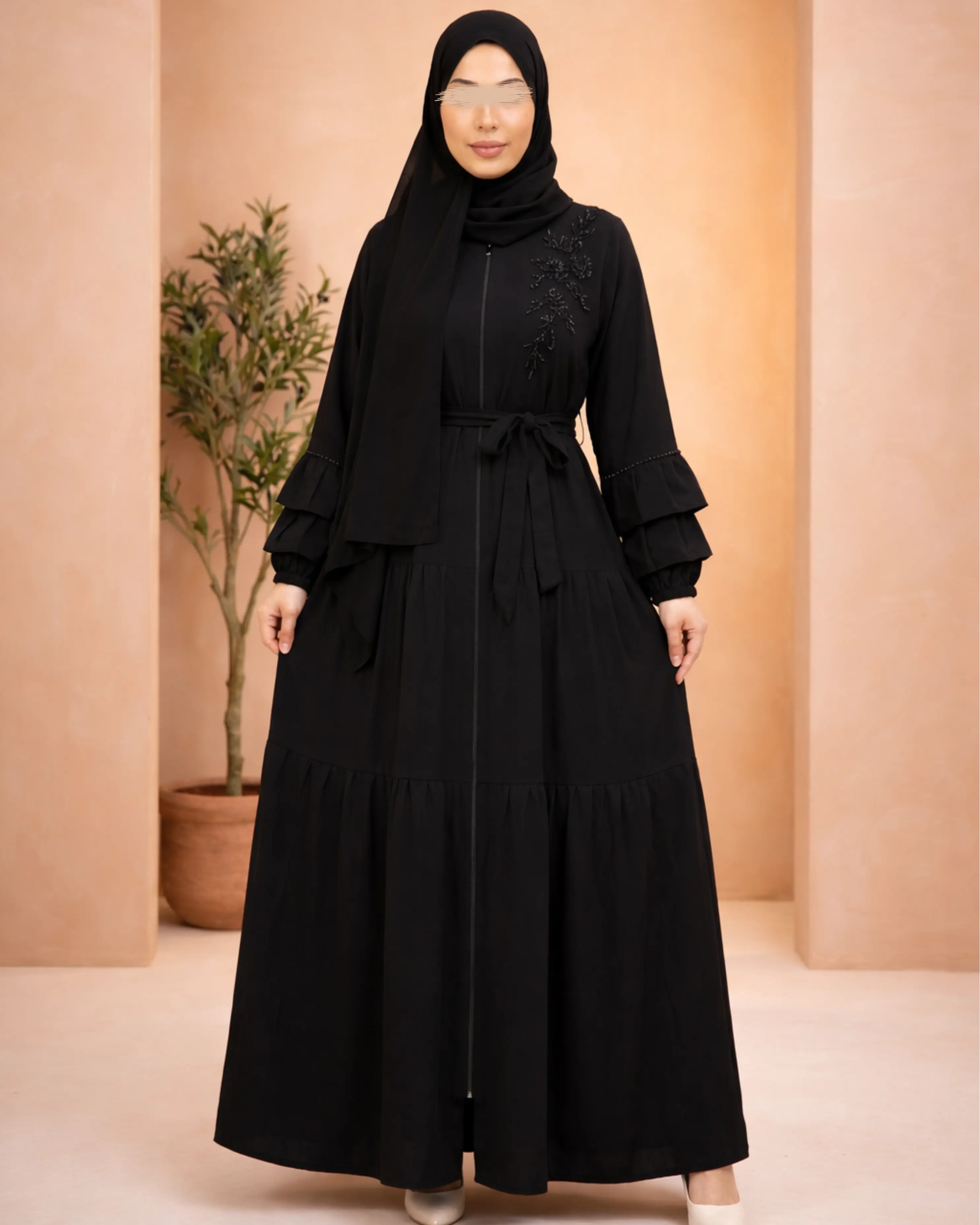 Waist Fitted Black Abaya - Elegant Zip Up