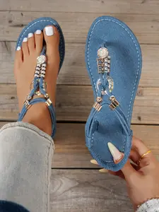 Women's Fashion Bohemian Style Luxurious Rhinestone Denim Flat Sandals, Versatile Commuter Outdoor Shoes, Comfortable All-Season Footwear