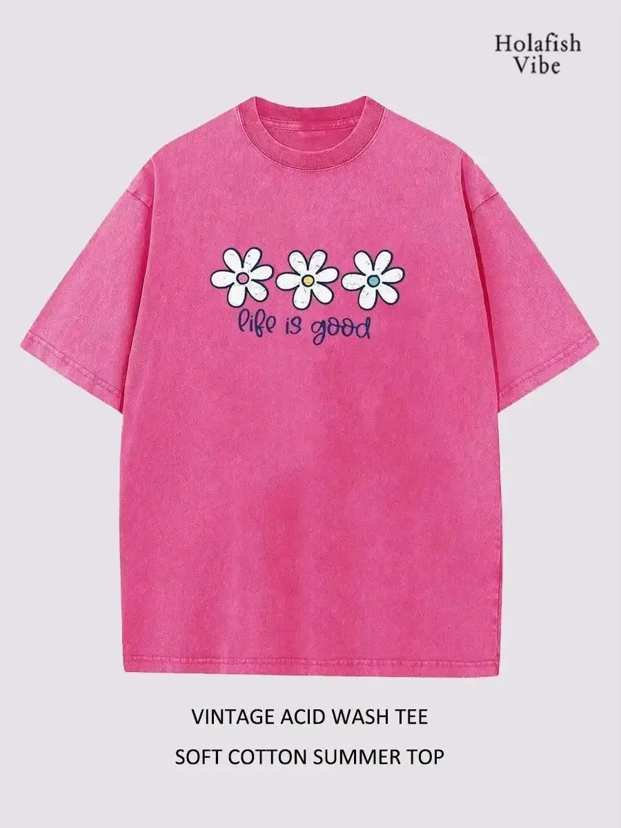 Holafish Women's Vintage Acid‑Wash T‑Shirt, Trendy Daisy Floral Graphic Print, Soft Breathable Cotton Relaxed‑Fit Tee, Casual Summer Wardrobe Staple for Everyday Comfortable Easy Outfits