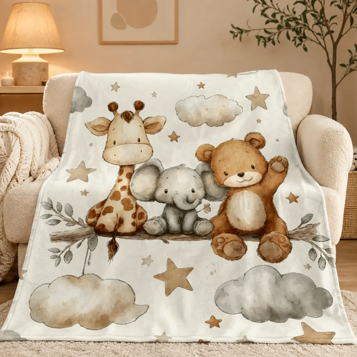 Watercolor Safari Animal Baby Blanket, Neutral Giraffe Elephant Teddy Bear Nursery Throw, Soft Crib Blanket for Newborn Boys & Girls