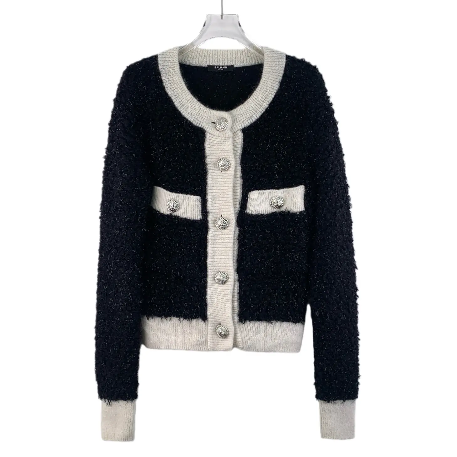 RDLT-Balmain Size 36 Black And White Color Block Wool Knit Cardigan-H25221