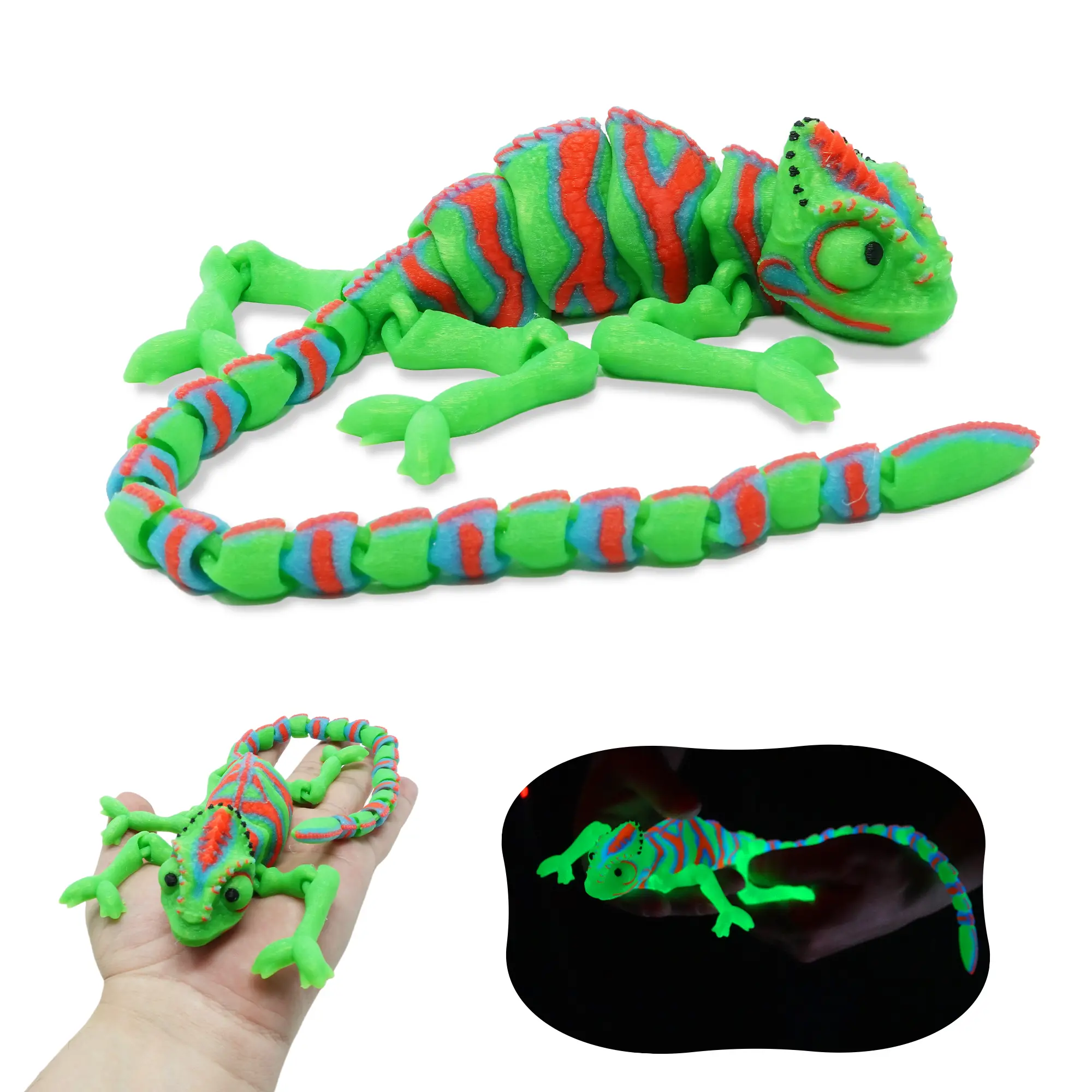 Articulated Glow in the Dark Chameleon – Mysterious Jungle Lizard with Fully Movable Body, Long Tail Elegance, Hypnotic Color Glow, Red-Green UV Reaction, Displayable for Reptile Decor Aficionados