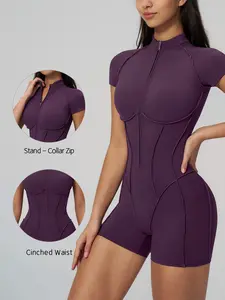 Women's Sportswear Romper, Half-Zip Stand Collar Short Sleeve Yoga Suit, High Elasticity, Breathable, Quick-Dry, Shapewear Design