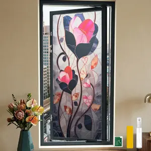 1 Piece Opaque Privacy Window Film 44.5x100cm, Static Cling No Glue, Free Installation Kit Included, 3 Designs Available Floral Stained Glass Decorative Window Sticker, UV Blocking Removable Window Decal for Home Office Glass Decor