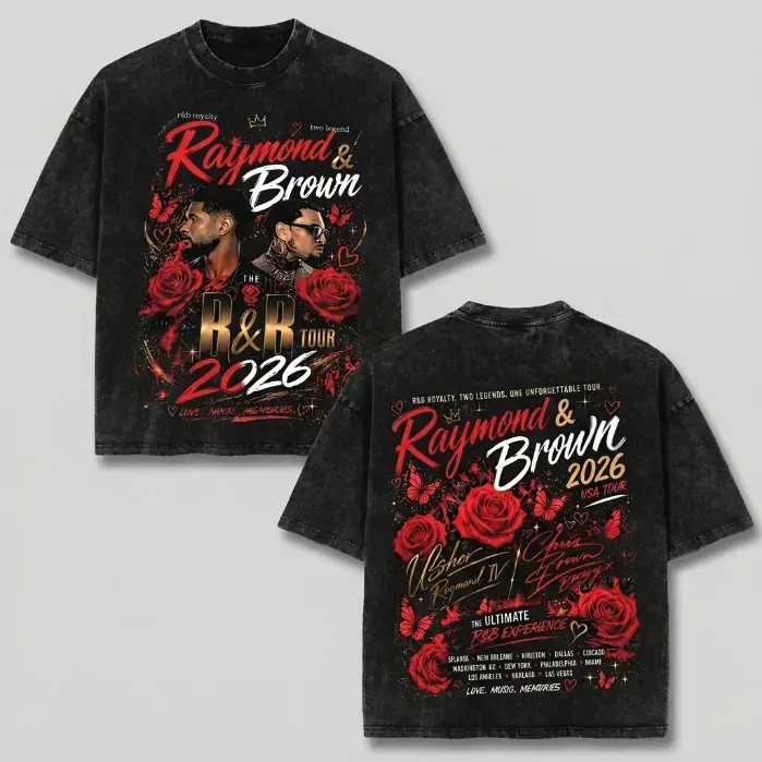 Raymond & Brown "Breezy" R&B Tour 2026 Commemorative T-Shirt, Unisex Oversized Black Vintage Wash Top With Red Rose Graphic, Official Tour Merch for Two Legends Unforgettable Hip-Hop Concert, Exclusive Team Breezy Apparel