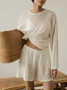 French Lazy Chic Style Semi-Transparent Lace Long Sleeve Set, Elastic Waist Short Pants, Home Wear, Comfortable Loungewear Clothing, Womenswear
