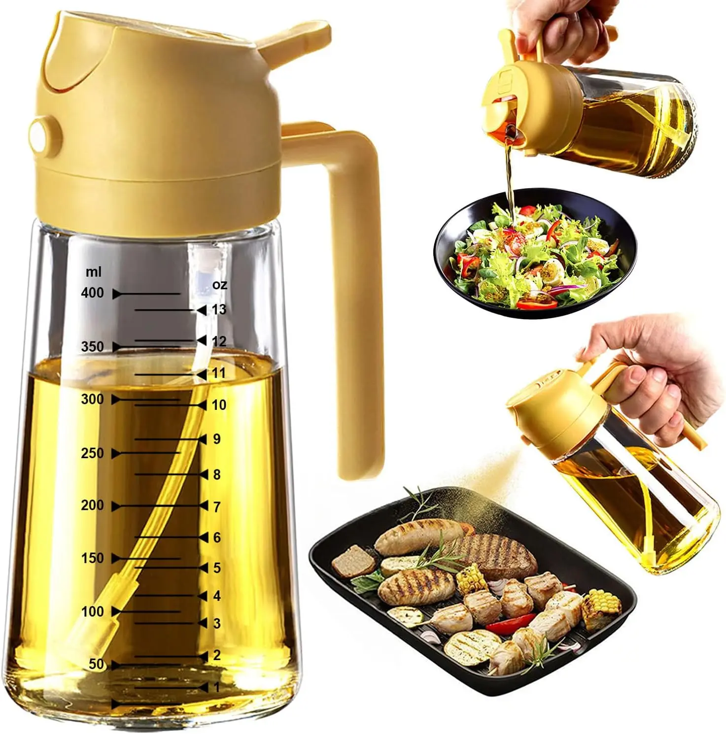 CXINYI 16oz/470ml Glass Olive Oil Sprayer Dispenser, 2-in-1 Oil Mister Spray Bottle for Cooking, Kitchen Utensils, Air Fryer Accessories, Salad Dressing, BBQ, Precise Control & Household Use