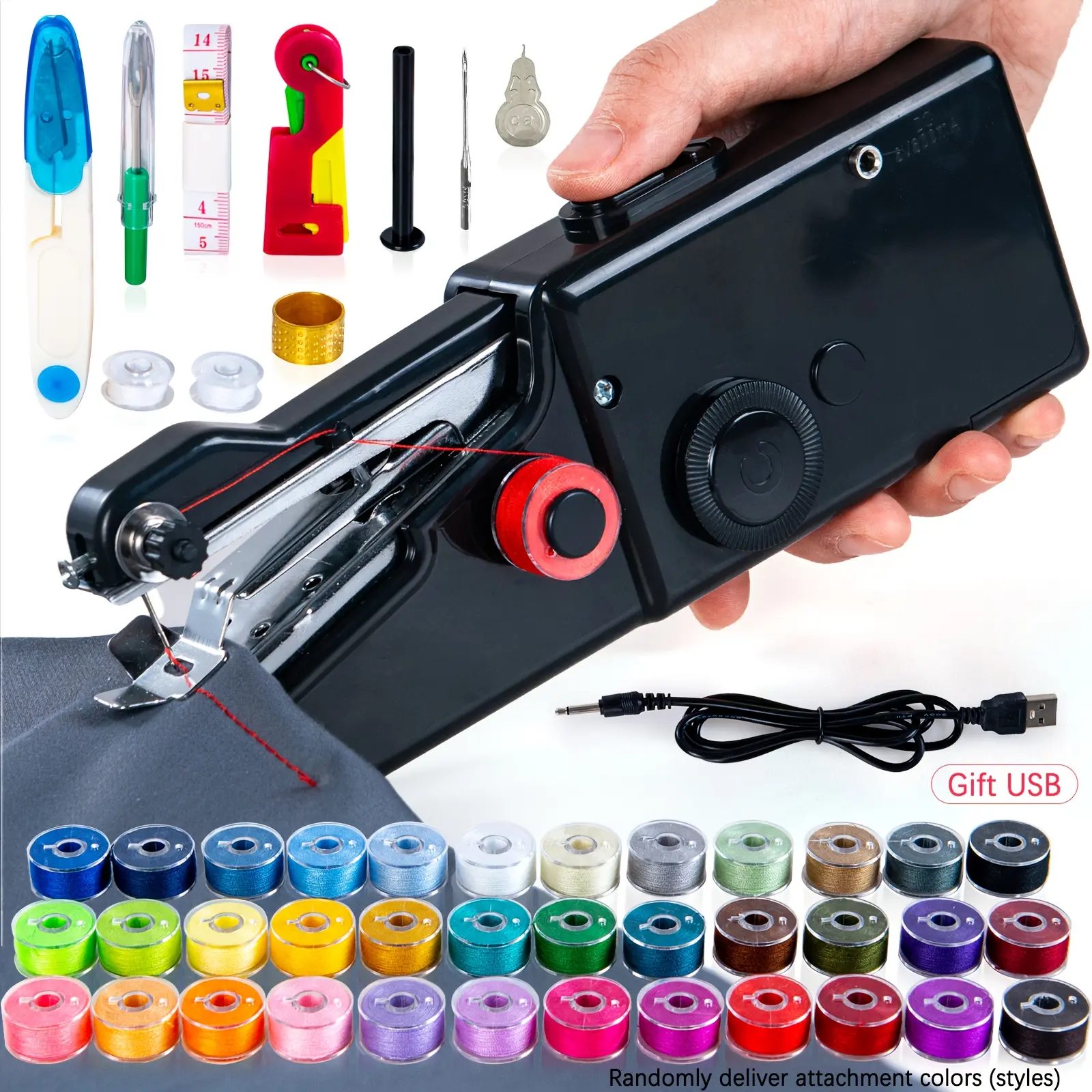 Pocket-Size Mini Compact Travel Colored Thread Sewing Machine Kit - Fast Stitching, 36-Color Thread Spools, Easy Operation for Beginners, USB/AA Power, Plastic Body, Multi-Color Kit Crafts Supply for Home DIY Needs, Colored Thread Sewing Machines