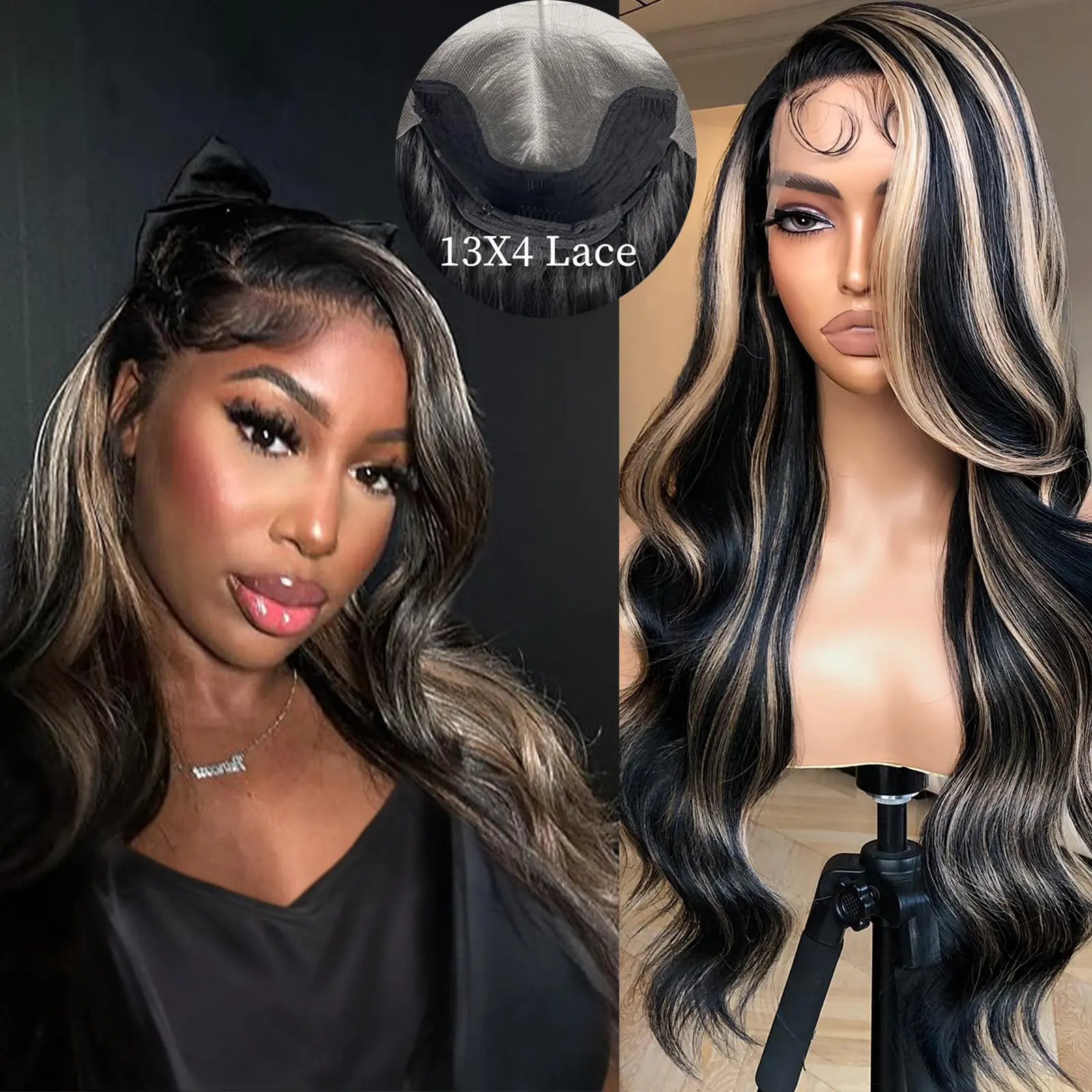 Women's 26-Inch Black Highlight 13×4 HD Lace Front Long Wave Wig, Pre-Plucked Natural Looking Heat Resistant Synthetic Wig, Ideal for Daily & Party Use, Natural Looking Wigs