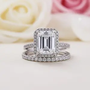 Halo Emerald Cut Simulated Diamond Options Wedding Ring Set