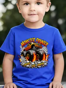 Boys' Summer Breathable & Comfortable "Wild Monster Truck" Cartoon Print (3-12Y) Casual Sports T-Shirt