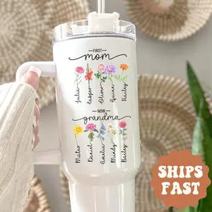 Personalized Mom Now Grandma 40oz Tumbler Birth Flower Gift for Grandma Mom Custom Name Mothers Day Tumbler