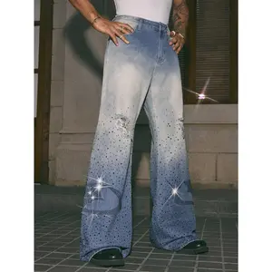 Men's Y2K Rhinestone Gradient Flare Jeans | Vintage Washed Light Blue Denim, Distressed & Bling Heart Print, Streetwear Super Wide Leg Pants for Concert & Festival