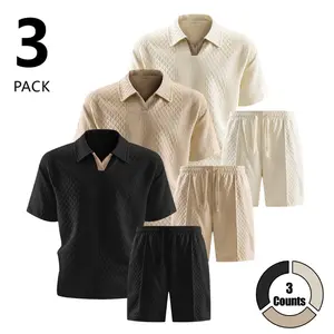 Men’s diamond‑quilted polo shirt and shorts set, 3‑piece summer casual two‑piece set made of 100% polyester fiber; a complete outfit ready for going out—suitable for daily commuting, café dates, beach vacations, light workouts, and more.