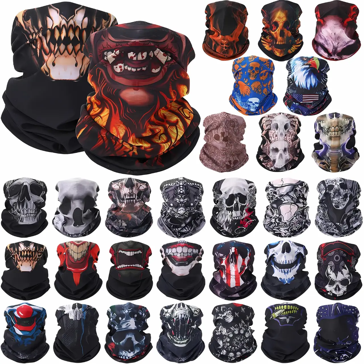 30 Pcs Unique Designs Skull Face Mask for Work Halloween Motorcycle Neck Gaiter Bulk Seamless Headwear Balaclava Face Covers