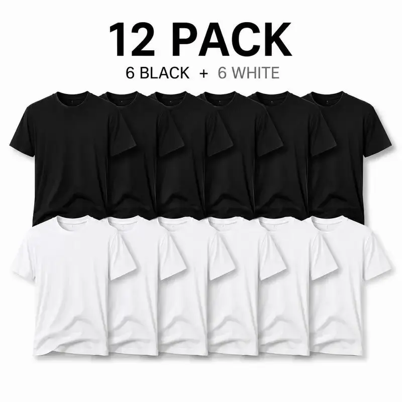 Unisex Graphic Cotton Sports T-Shirts, 2-12 Pack Black & White Short-Sleeve Tops, S-5XL Bulk Casual Party Shirts