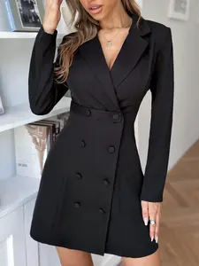 Women's Solid Lapel Neck Button Front Blazer Cinched Waist Dress, Casual Elegant Solid Long Sleeve Dress for Work Office Business, Dress Suit, Women's Clothing, Dresses for Women, Ladies' Spring & Fall Clothes, Womenswear