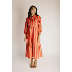 The Barton Tiered Midi Dress in Red + Taupe Stripe