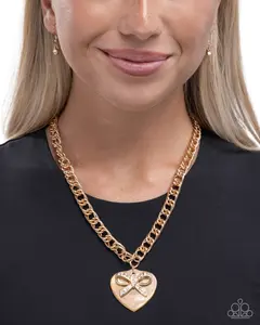 Coquette Cameo - Yellow Heart Pendant Necklace with Rhinestone Bow - Trendy Lovestruck Look for Women