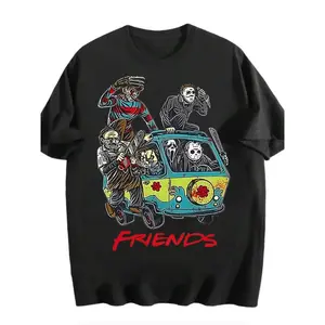 YD.S Print Cotton T-Shirt Horror Character Collaboration Friends Graphic Tee, Soft Home Everyday Casual Wear, Vintage Halloween Aesthetic Short Sleeve, Long Fitted H-Type