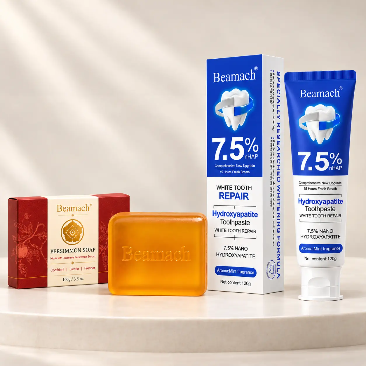 Beamach Oral Care Set - Hydroxyapatite Toothpaste, Persimmon Soap for Old People Smell, Fluoride-Free, Gentle Formula for Sensitive Teeth, Enamel Repair, Natural Deodorant Soap for Men & Women, Gentle on All Skin Types