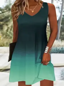 Summer New Women's Dress Casual Fashion Vacation Style Sleeveless V-Neck Gradient Color Backless Dress, Stylish and Comfortable