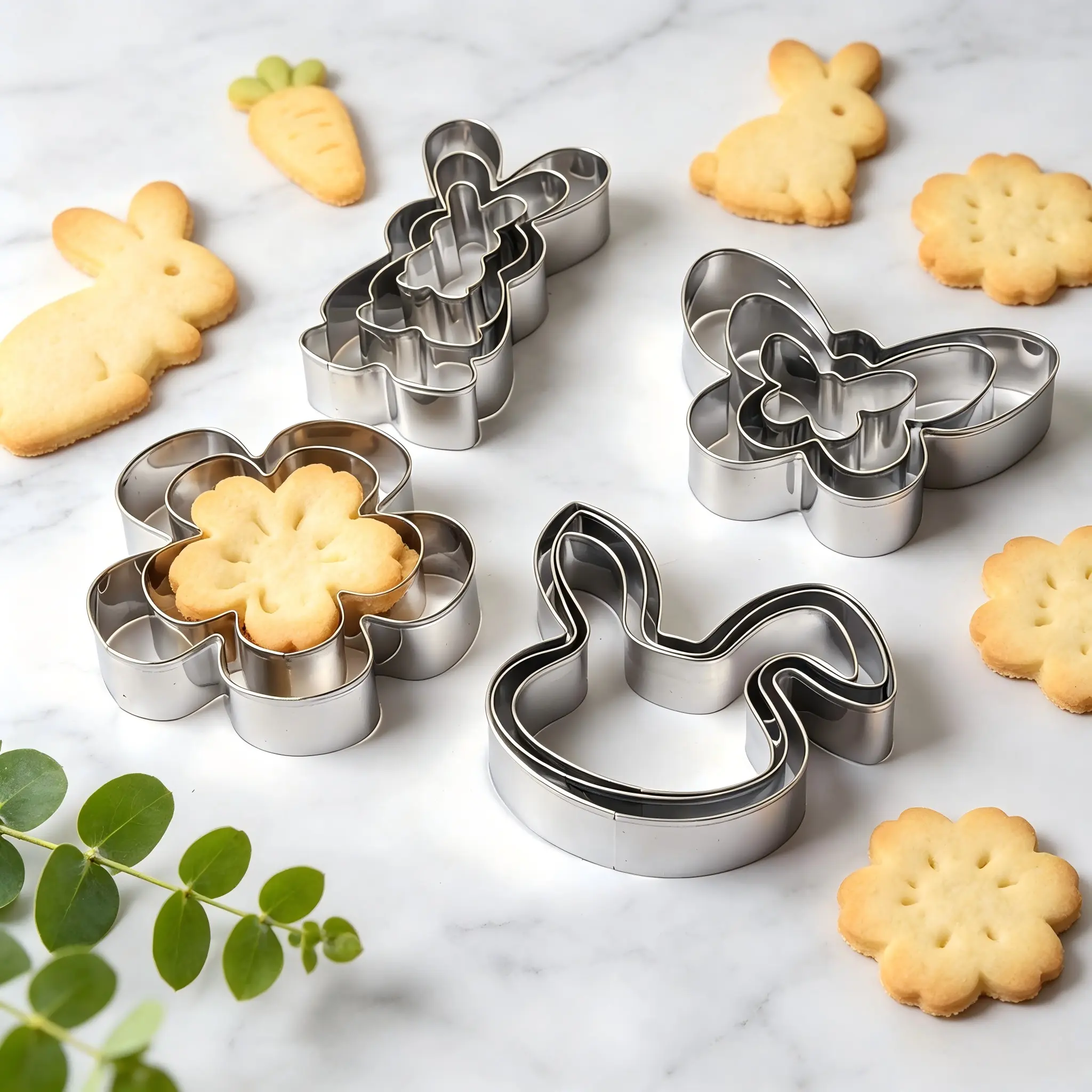 5/12PCS Cookie Cutter Set, Food Grade 430 Stainless Steel, Spring Themed Rabbit Bunny Ear Face Butterfly Shapes, Home Parent Child DIY Baking, Smooth Edge Cut Resistant Non Stick Easy Demold, Fondant Cake Dessert Decorating Tools