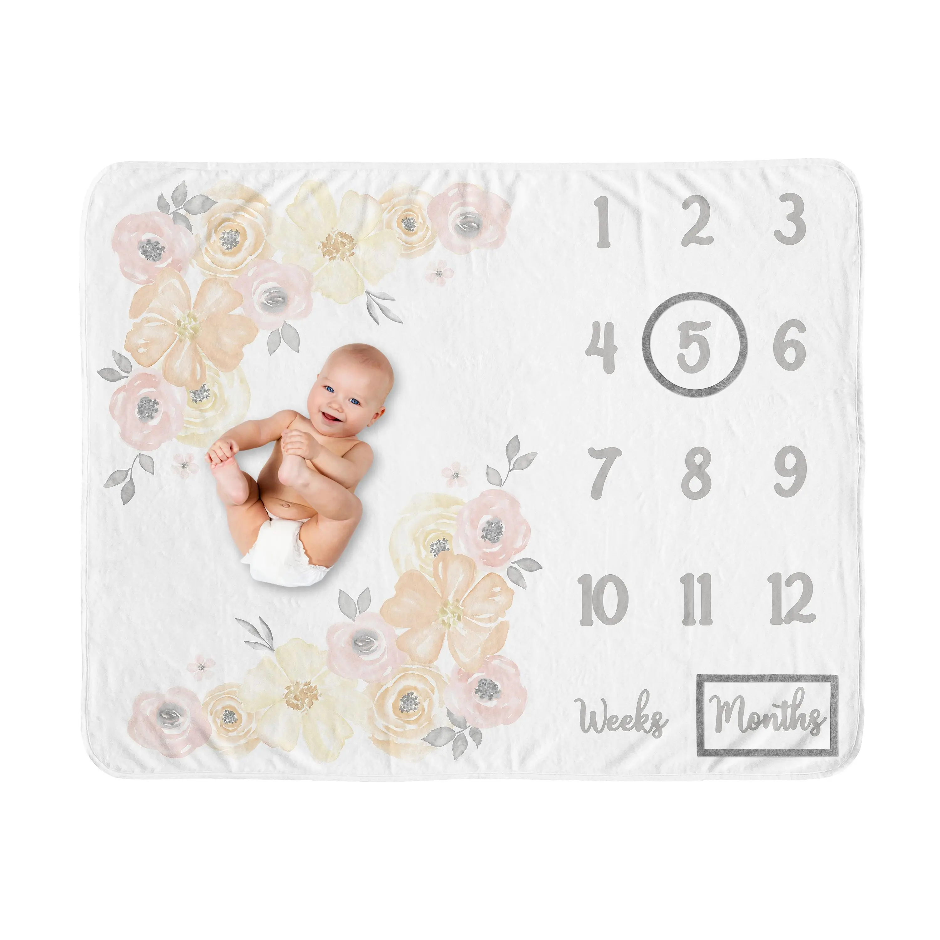 Sweet Jojo Designs Yellow Pink Watercolor Floral Girl Milestone Blanket Monthly Newborn First Year Growth Mat Baby Shower Memory Keepsake Picture - Peach Orange Grey Shabby Chic Rose Flower Farmhouse