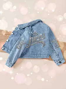 Girls' Casual Fashion Denim Jacket, Shiny Queen Letter Print, Perfect for School and Dates, Comfortable Fit, Suitable for Girls Under 12