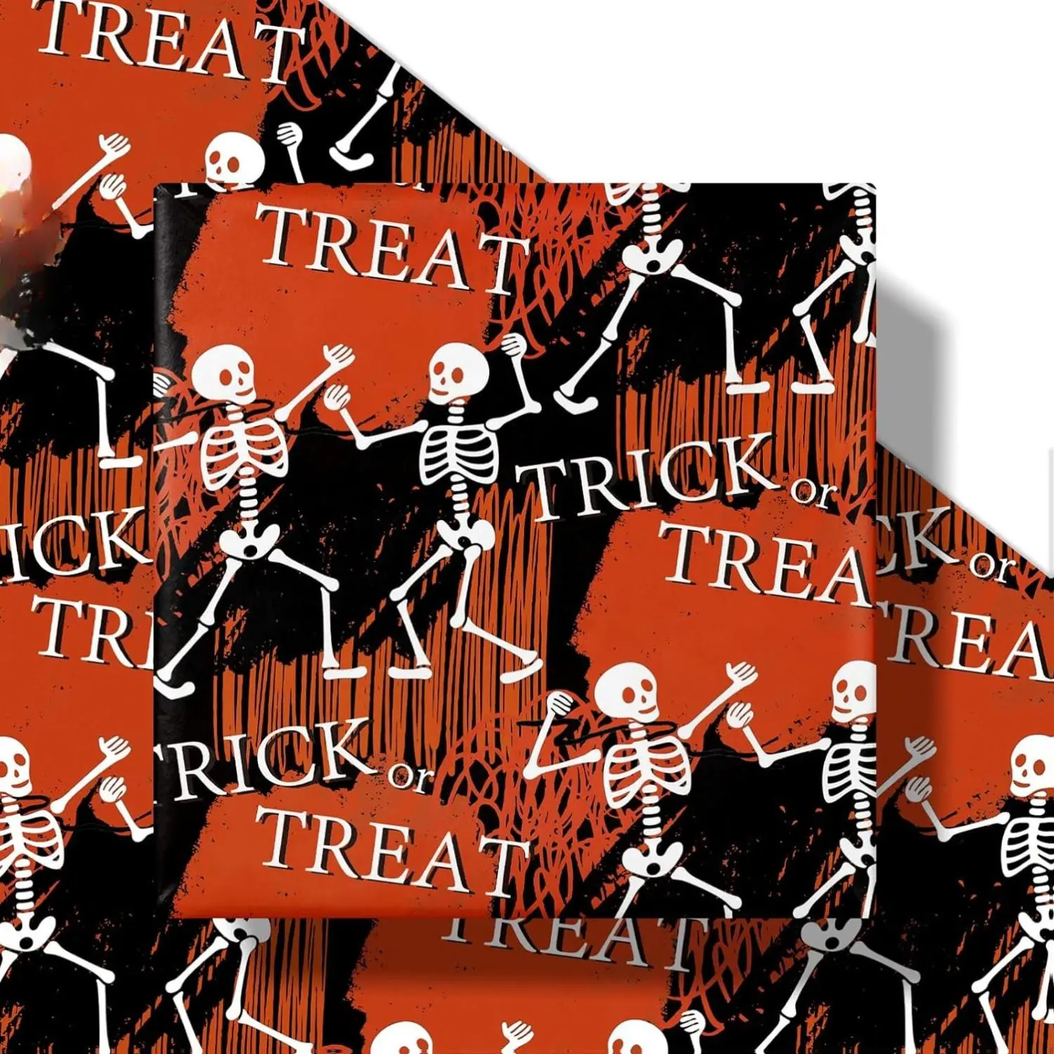 Halloween Wrapping Paper Roll for Teens Adults, Mini Roll, Dancing Skeletons and Trick or Treat Text Design, Black orange, 17 Inches x 16.4 Feet