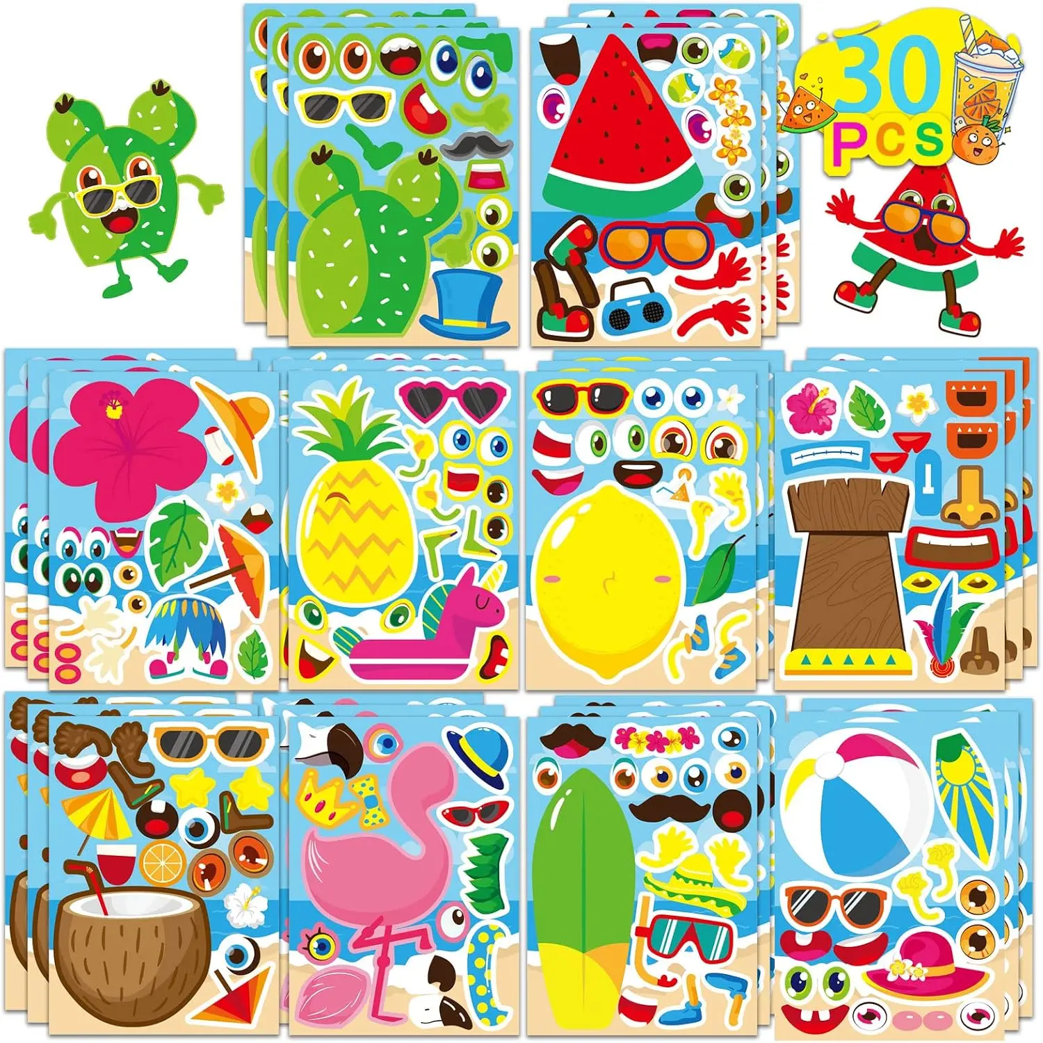 Kids' Hawaii Make-a-Face Stickers (30 Sheets) - Tropical DIY Scrapbooking Supplies with Watermelon, Pineapple, Flamingo Designs for Summer Pool, Luau Party Crafts