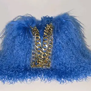 Blue Mini Handbag - 100% Mongolian Luxury with Gold Hardware & Magnetic Closure - 10 x 10 Size - Dust Bag Included - Stylish & Secure Design