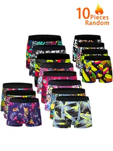 10-Pack Men's Low-Waist Boxer Briefs, Streetwear Style Random Patterns, Comfortable Casual Trunks for Daily Wear, Trendy Underwear Set