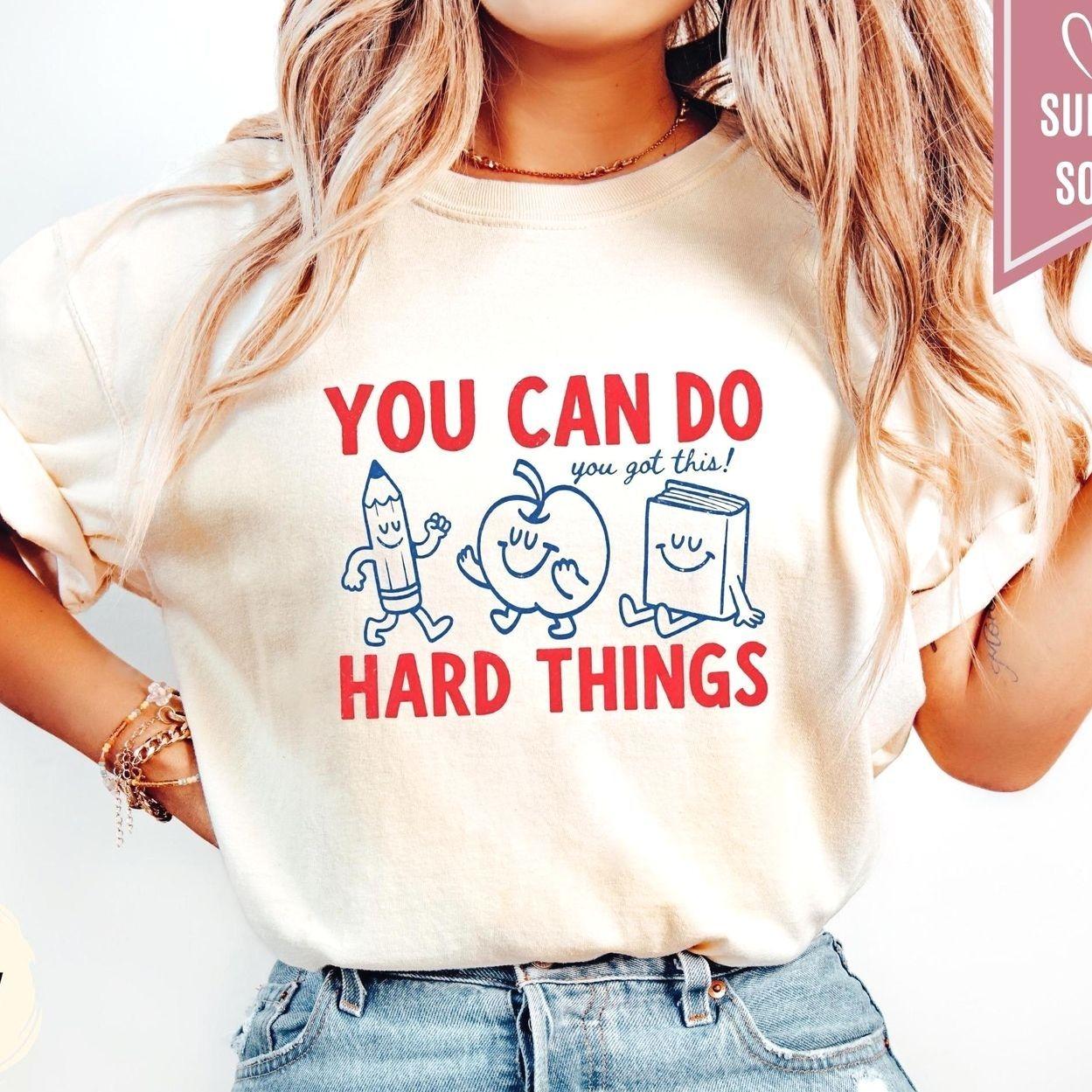 Comfort Colors You Can Do Hard Things T-Shirt, Retro Doodles You Got This Motivational Teacher Graphic Tee, Positive Vibes Classroom Shirt, Inspirational Teacher Appreciation Gift for Women & Men