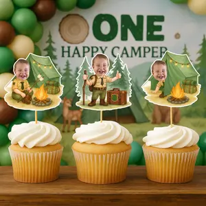 Custom Camper Cupcake Toppers - Personalized Face Photo Scout - “Happy Camper” “Wild One” Party Decoration