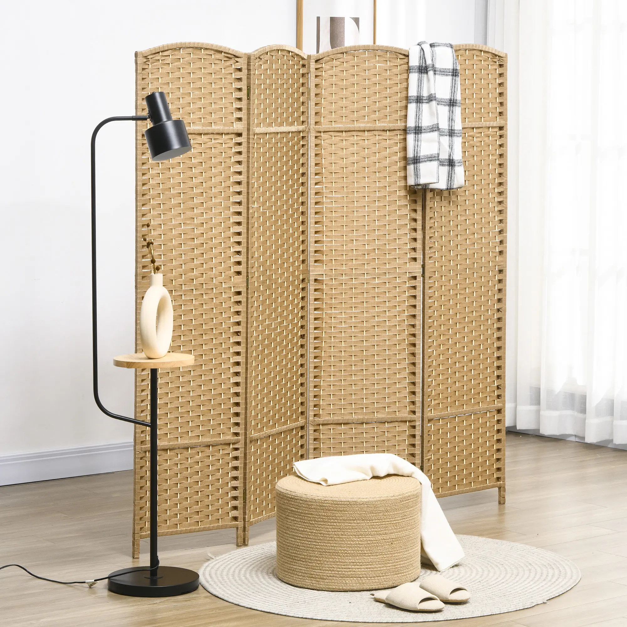 Freestanding Folding Room Divider Screen - 4-Panel, 5.6' Tall Privacy Partition, Nature Wood Design for Home & Office Indoor Furniture