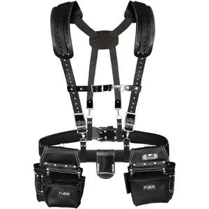 FUERI 17 Pocket Leather Tool Belt with Suspenders,Comes with Padded Belt, Big Pouches, Hammer Holder,Suspender loops and Leather Suspender, Ideal for Construction Workers, Carpenters and Electrician.