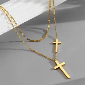 Gold Cross Pendant Necklace - Stylish Layered Design for Women - Durable Chain & Elegant Cross Charm - Perfect for Everyday Wear