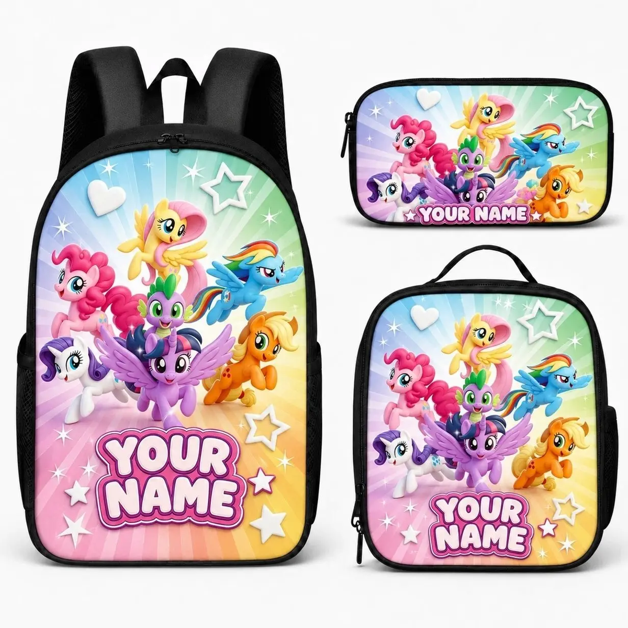 Custom Name Little Pony Style Backpack 3 Pcs Set - Kids Student School Bag Insulated Lunch Bag Pencil Pouch - Gift for Girls