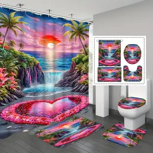 Hawaiian Sunset Waterfall Shower Curtain, Waterproof & Mildew Resistant, Modern Straight Rod, Wall Mounted, Print Pattern