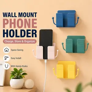 Pink-Self-Adhesive Wall-Mounted Phone Holder & Remote Control Organizer — No-Drill, Multifunctional Wall Storage Rack. Ideal for Bedrooms, Bathrooms, and Kitchens; Holds Mobile Phones (including while charging), TV/AC Remotes, Glasses, and Keys.