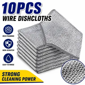 10-Pack Reusable Double Layer Mesh Steel Wire Dishcloth Set, Absorbent Long-Lasting Kitchen Scouring Pads (7.08x8.86in) for Pots, Sink Cleaning