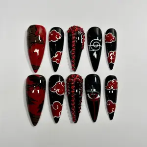 AuréNails – Akatsuki Press On Nails | Anime Red Cloud Art | 3D Rhinestones – AN20