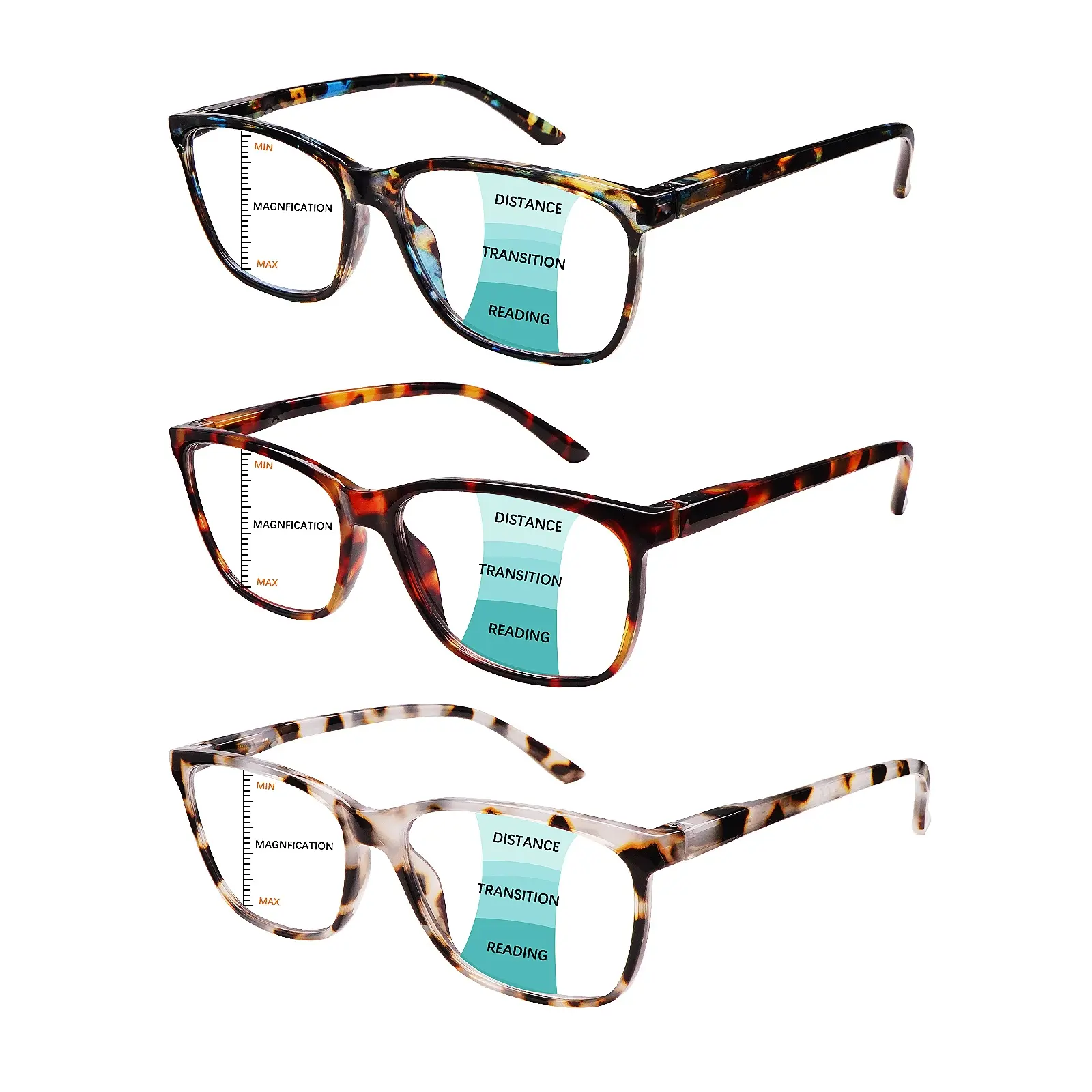 3-Pack Fashionable Progressive Multifocal Blue Light Blocking Rectangular Reading Glasses - High Quality Eyewear, Lightweight Durable Glasses, 3-Tiered Visual Experience, Eye Strain Relief, Ideal for Daily Commuting and Office Use