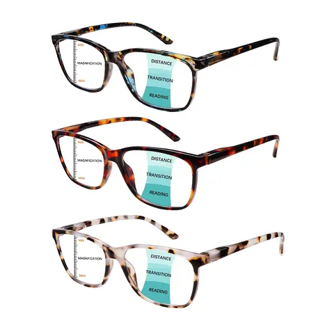 Adults' Unisex 3-Pack Full Rim Classic Square Rectangular Progressive Multifocus Blue Light Blocking Reading Glasses - High-Quality, Lightweight Durable Eyewear, 3-Tiered Visual Experience, Eye Strain Relief, Office Use, Gifting for Grandparents