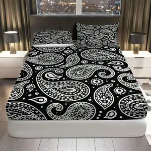 3Pcs Black White Paisley Fitted Sheet Three Piece Set (1*Fitted Sheet+2*Pillowcases, Coreless), Modern Chic theme, Elegant Bedding Set, Mattress protector Soft, Breathable