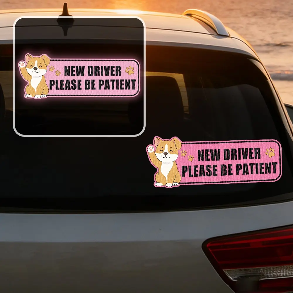 Cute Dog Pattern New Driver Car Decal , Automotive Decals, waterproof decals, Safety Reminder Sticker, Night Visibility Reflective Cartoon Dog Student Driver Decal, Please Be Patient, Waterproof Car Window Bumper Sticker, Decals for Vehicles